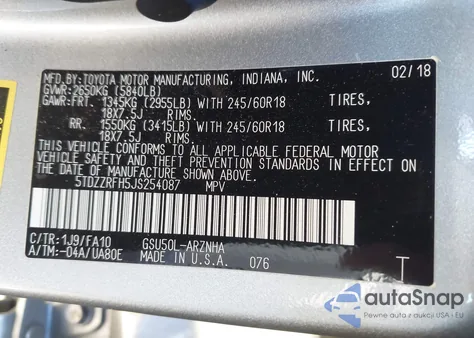 2018 Toyota Highlander Le Plus from USA, damaged, VIN 5TDZZRFH5JS254087